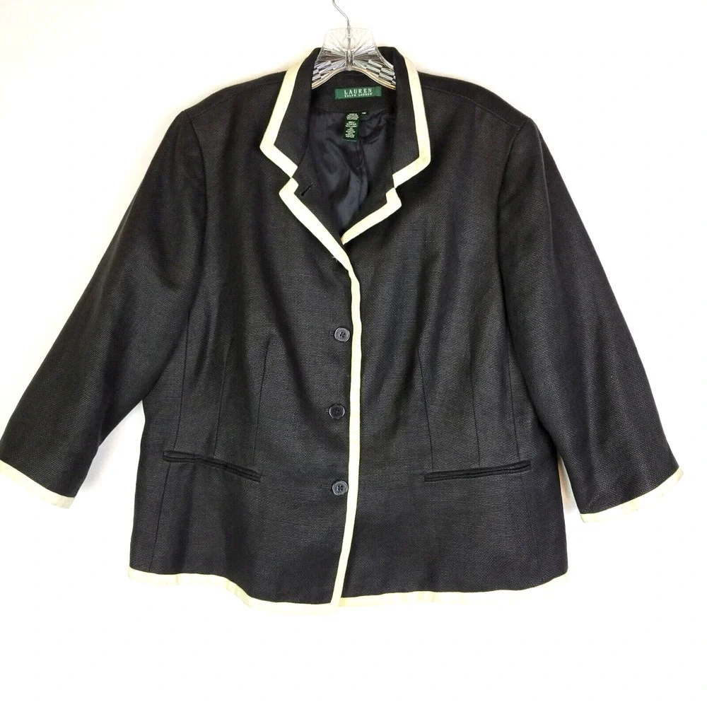 Lauren Ralph Lauren Womens Linen Pockets Blazer Size 14W Black Business Workwear - Picture 1 of 8